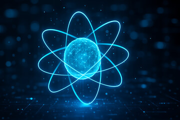 Glowing blue atom with vibrant electronic orbits
