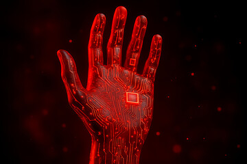 Glowing red robotic hand with circuit board design
