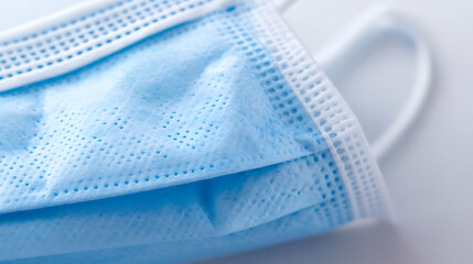 Macro shot of a light blue surgical face mask. Close up shows the material's texture, with rows of tiny perforations and the mask's layered construction. Protective and essential.