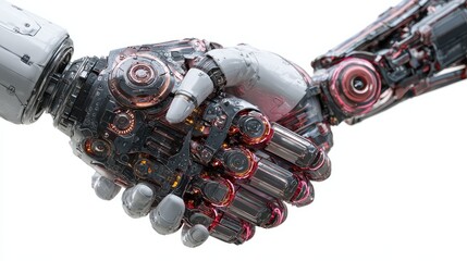 a digital human hand engaging in a handshake with a robotic hand symbolizing aihuman collaboration