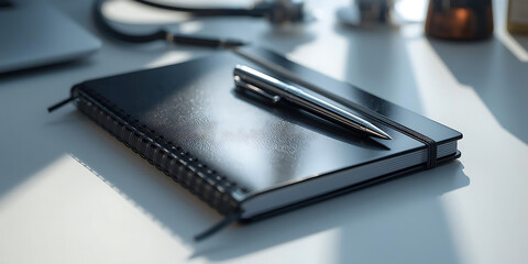 Black Notebook on Sunlit Desk