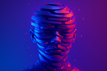 Futuristic human face with digital circuit lines glowing blue and red