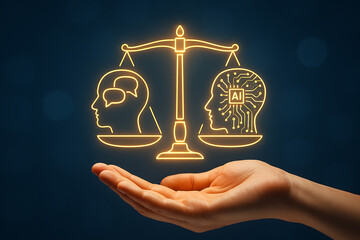 Human hand balancing AI and human thought