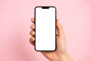 Hand holding a modern smartphone with a blank white screen against a plain pink background for clean minimalist mobile app and website interface mockup