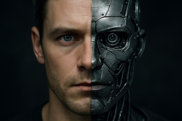 Man and robot face side by side in dark background