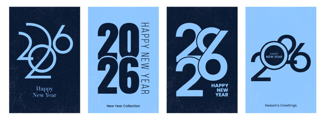Stylish geometric 2026 vertical posters with clean typography, overlapping shapes and distressed textures in blue tones. Ideal for posters, invitations, social media, gift tags and New Year campaigns