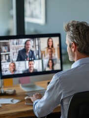 corporate leader manager leading videoconference with diverse team business people having digital group video call conference working in office at online virtual meeting on pc computer over shoulder 