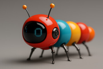 Vibrant robotic caterpillar with antennae and digital eye