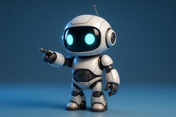Cute robot pointing with glowing blue eyes