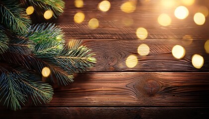 Warm Bokeh Lights Over Pine Branches On A Wooden Rustic Backdrop