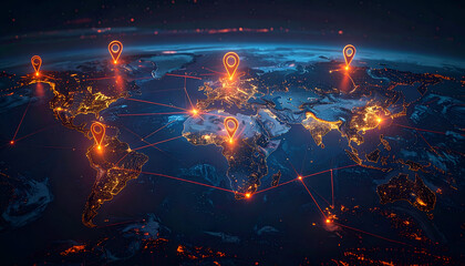 Smart city and digital network connection concept with location pin icons over green landscape and village.