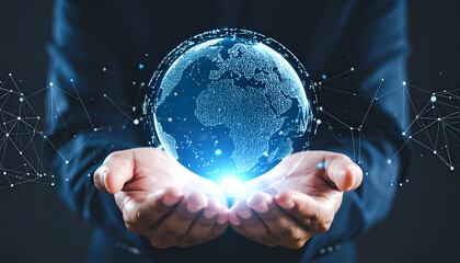 Glowing digital globe with network lines held in human hands, symbolizing global technology, data connectivity, and the future of innovation.