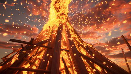 Massive burning bonfire with flying sparks and glowing embers, wooden logs fire pyre structure against dramatic sunset sky, orange flames heat background, outdoor camping festival and celebration.