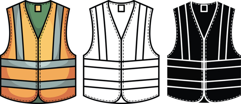 Safety vest silhouette & Outline and illustration set isolated on transparent background