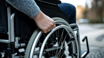 Obraz premium Empowering Mobility: Close-up on a wheelchair in motion, symbolizing resilience and independence. Promoting accessibility and inclusivity for all individuals, everywhere.