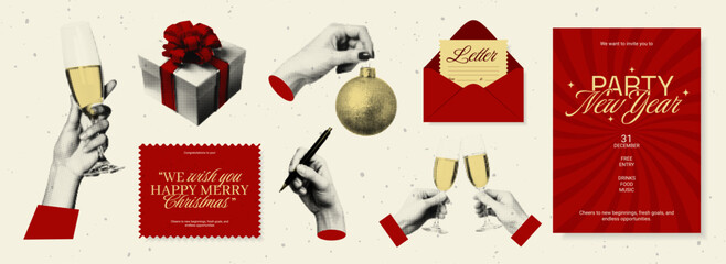 Modern New Year halftone collage elements in elegant retro style. Includes champagne toasts, gift boxes, letters, holiday tags, and invitation cards on retro  festive background.