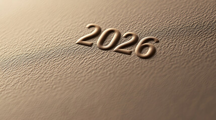 A close-up shot reveals the embossed numbers "2026" on a textured surface, evoking a sense of anticipation and future-oriented themes. The understated elegance and timeless design are highlighted.