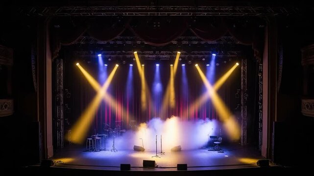 A dimly lit stage with colorful lights and musical equipment setup
