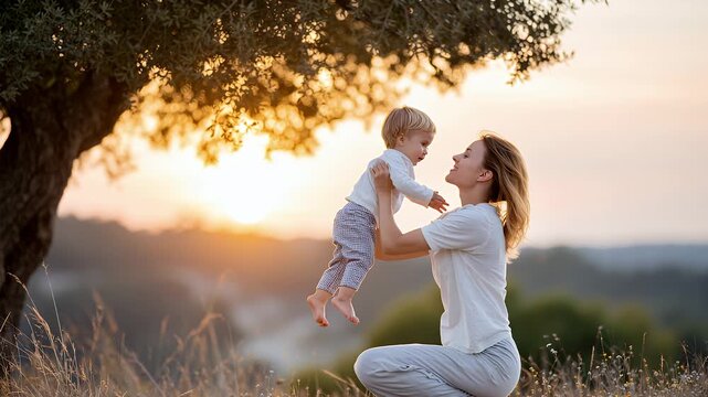 Gl&uuml;ckliche Eltern mit Baby im warmen Sonnenlicht als Symbol f&uuml;r Familie und Liebe