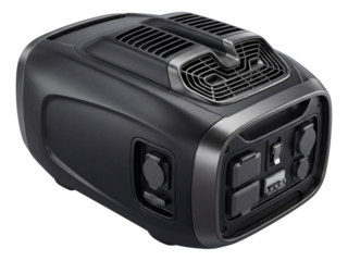 Car generator featuring rooftop exhaust vents and external power outlets.