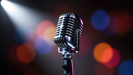The vintage chrome microphone stands out clearly against a lively, out-of-focus bokeh background. Impressive spotlights illuminate the microphone, highlighting its polished surface and classic design.