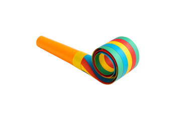 A single colorful party noisemaker with a rolled up paper streamer isolated on a transparent background for celebrations and fun isolated on transparent background
