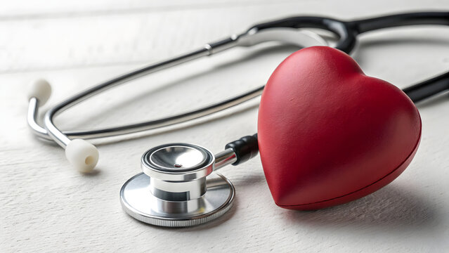 Red heart with a medical stethoscope resting on a textured white wooden surface close-up