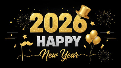 Happy New Year 2026 Gold and Silver Glitter Celebration Design with Fireworks, Balloons, Stars, and Festive Props on Black Background