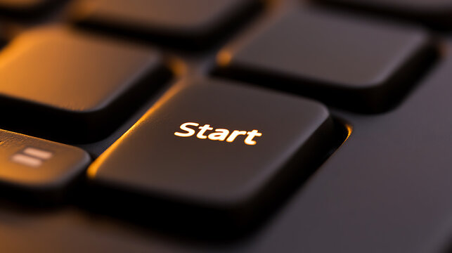Closeup of a keyboard, focusing on the 'Start' key, symbolizing new beginnings. Soft lighting creates a warm, inviting atmosphere, hinting at potential and productivity.
