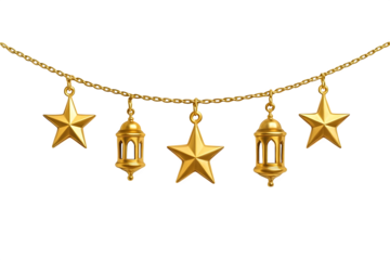 Golden star and lantern charm necklace isolated on transparent background