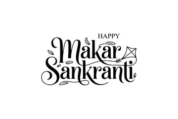 Obraz premium Makar Sankranti Vector Typography | Elegant Black Festive Lettering with Kite