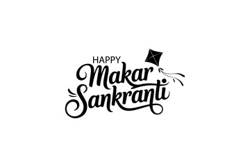 Makar Sankranti Vector Typography   Elegant Black Festive Lettering with Kite © Varsha