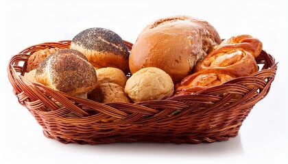 A Bread Basket With Assorted Rolls Isolated On White Background
