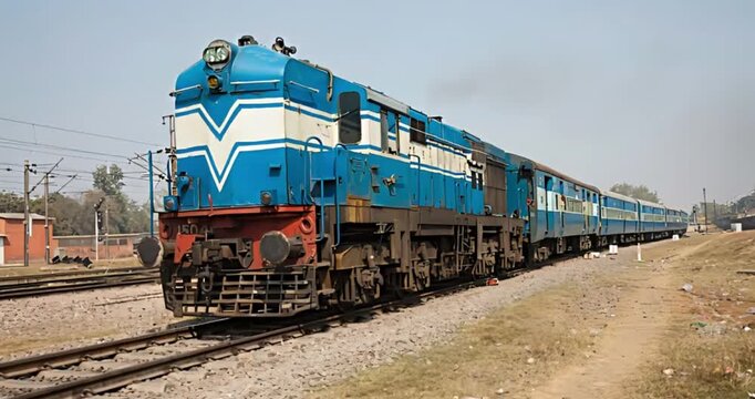 Railway Journey: A vibrant blue train glides smoothly along the tracks, symbolizing the efficiency of rail transport and the journey ahead. The scene captures the essence of travel and exploration.