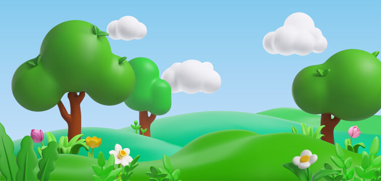 Realistic trees and flowers on the green lawn, spring or summer nature background vector design with blue sky and forest