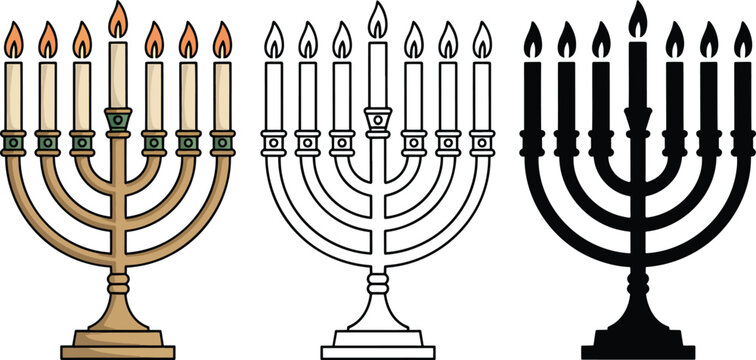 Vintage menorah with candles silhouette & Outline and illustration set isolated on transparent background