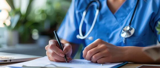Female healthcare professional in blue scrubs writing medical notes at a desk, representing clinical documentation, patient care, routine work, and modern healthcare practice.