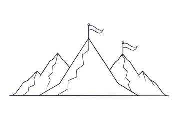 Line drawing of mountains with flag on top adventure exploration sketch
