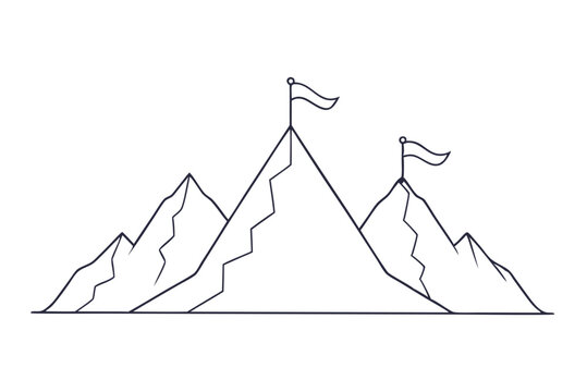 Line drawing of mountains with flag on top adventure exploration sketch