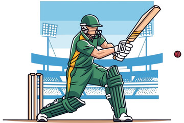 Dynamic cricket match illustration featuring players in striking poses at the stadium, showcasing the sport's energy and action