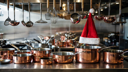 Copper cookware in restaurant kitchen with festive Santa hat decoration