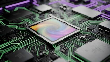 Futuristic computer processor chip glowing on motherboard with advanced digital circuitry artificial intelligence computing technology concept for innovation and performance