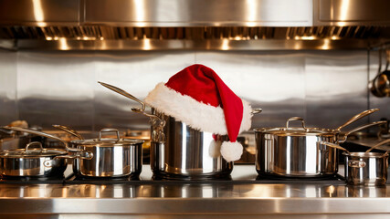 Stainless steel pots with Santa hat in festive kitchen setting