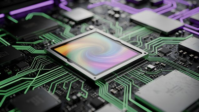 Futuristic computer processor chip glowing on motherboard with advanced digital circuitry artificial intelligence computing technology concept for innovation and performance - Powered by Adobe