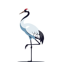 Obraz premium Elegant white naped crane illustration on black background, standing poised on one leg in vector format
