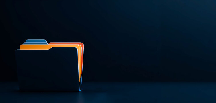 3d render of a futuristic open document folder placed on the left, smooth layered tabs in orange and mustard yellow, blue neon underglow reflecting on a dark floor, cinematic lighting and copy space 