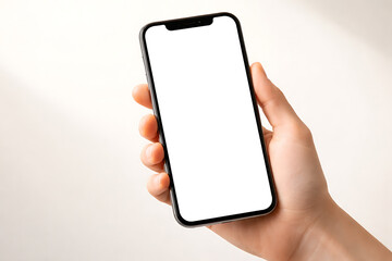 Hand holding smartphone with blank white screen at an angle on light background for modern mobile app interface presentation and digital device mockup template