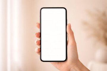 Hand holding mobile phone with empty white screen in soft bright interior background for minimal brand presentation and digital app interface design mockup template