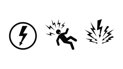 Electric Shock Icons Set Black Silhouette.