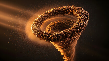 A dynamic vortex of roasted coffee beans swirls above a lower spiral of ground powder against a dark background with atmospheric light rays. This conceptual shot is perfect for cafe branding, advertis